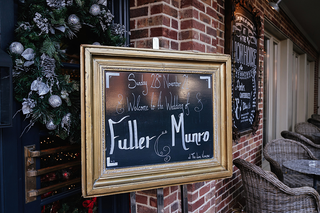 Wedding Sign that reads Fuller & Munro at The Lion House Wedding