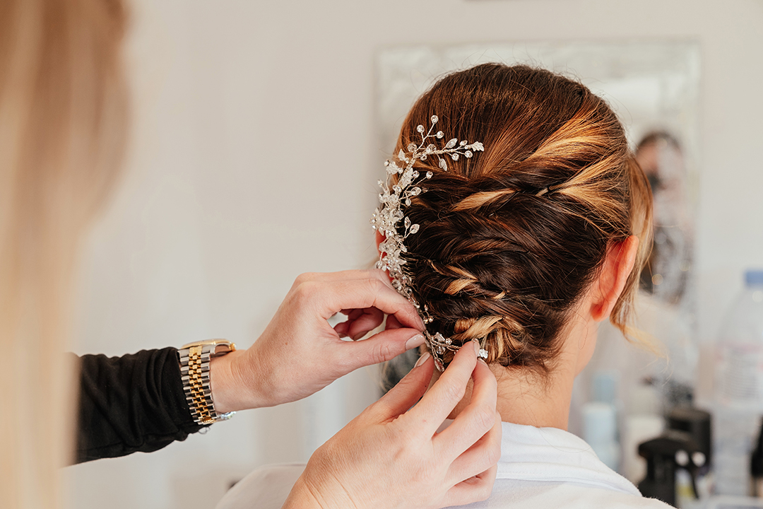 Bridal Hairpiece Being Put Bride Prep