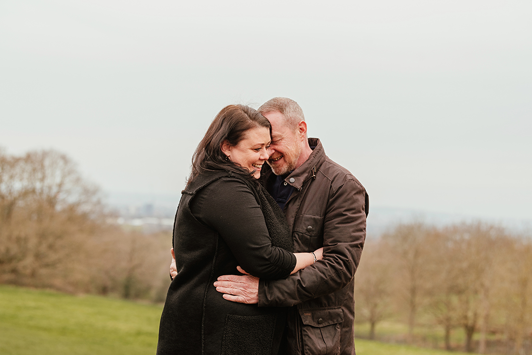 Couple Embrace Bedfords Park Engagement Shoot