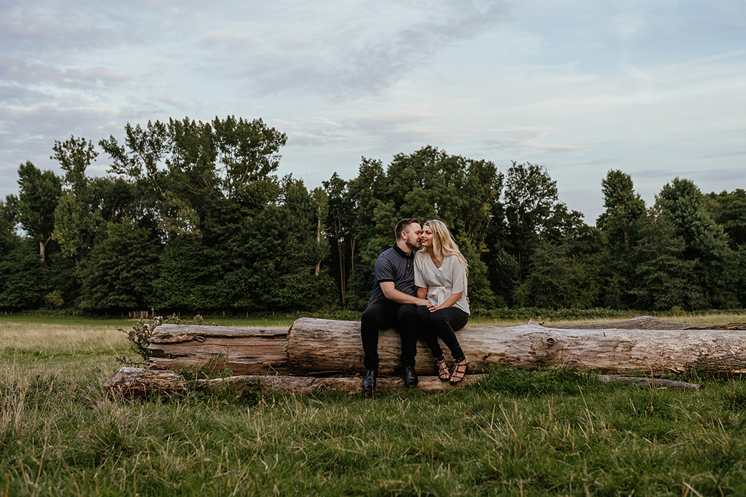 Couple sit on log embracing, Pishiobury Park Engagement shoot