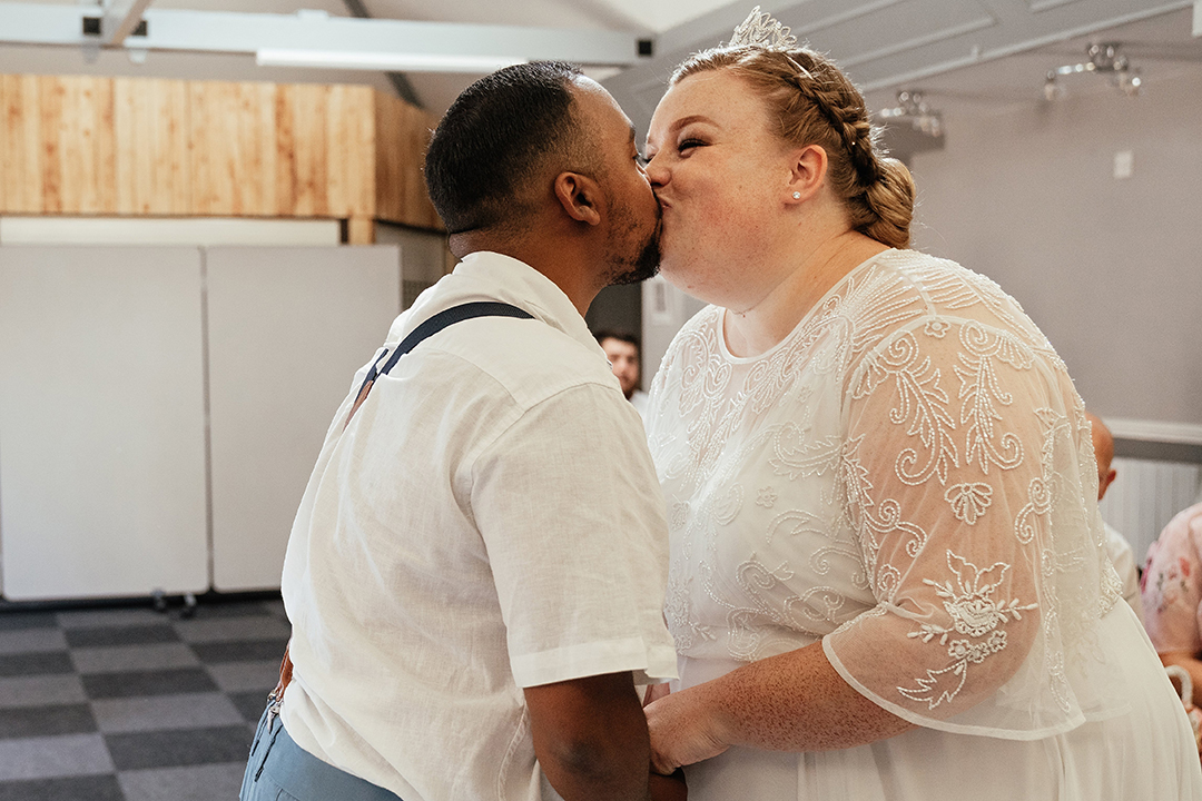 First Kiss at Waltham Abbey Town Hall Wedding