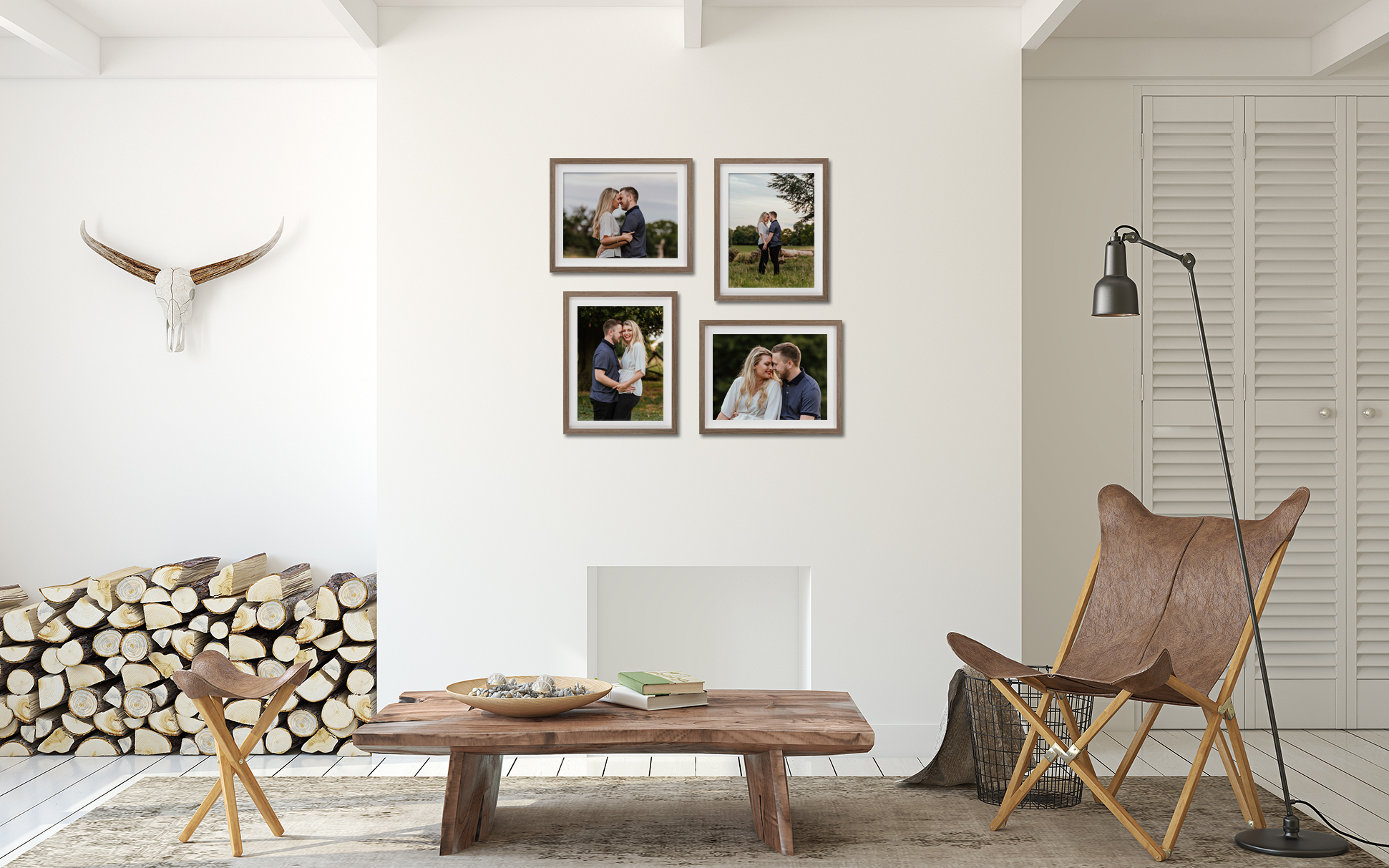4 frames displayed in modern room to show what Pishiobury Park Engagement session wall art looks like