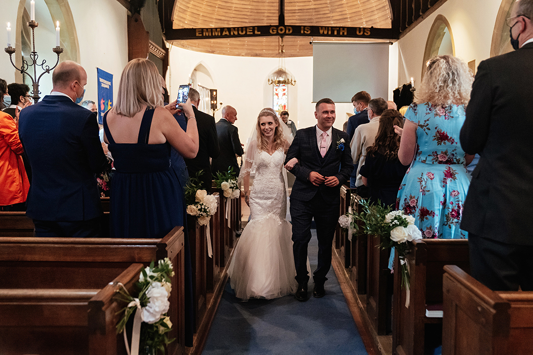 Just Married Walk Back Down The Aisle St Mary's Little Parndon Wedding