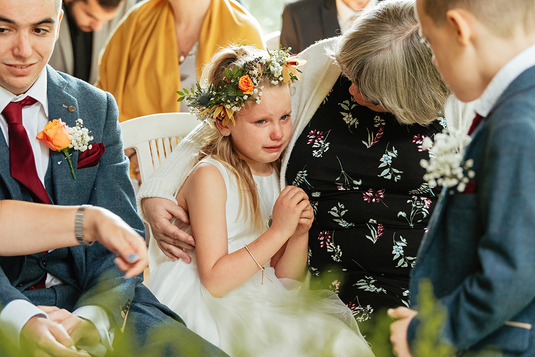 Flower Girl cries as Bride and Groom Get married Minstrel Court wedding ceremony