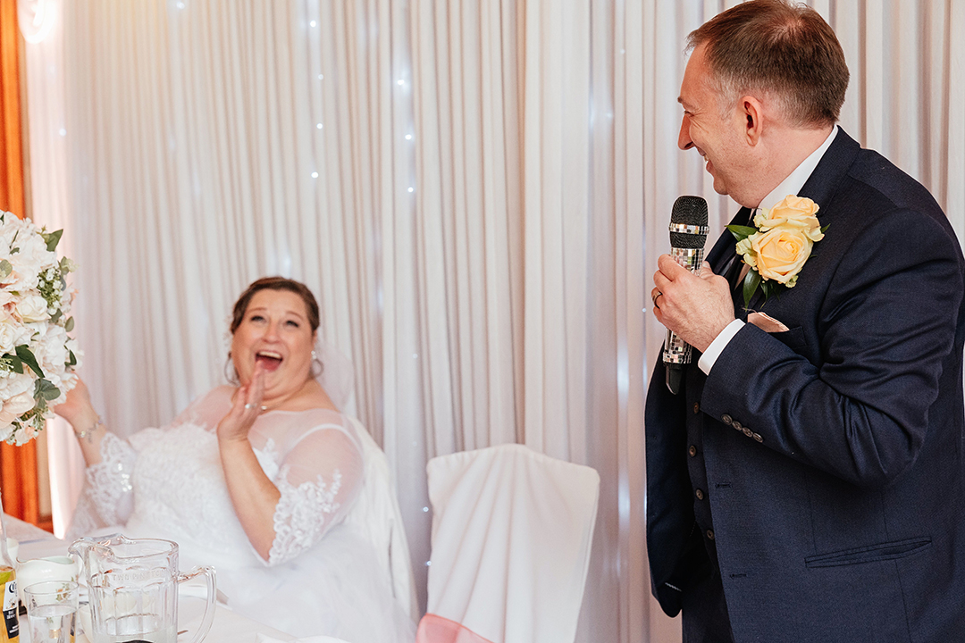 Hertfordshire Golf & Country Club Wedding Brides Reaction to Grooms Speech