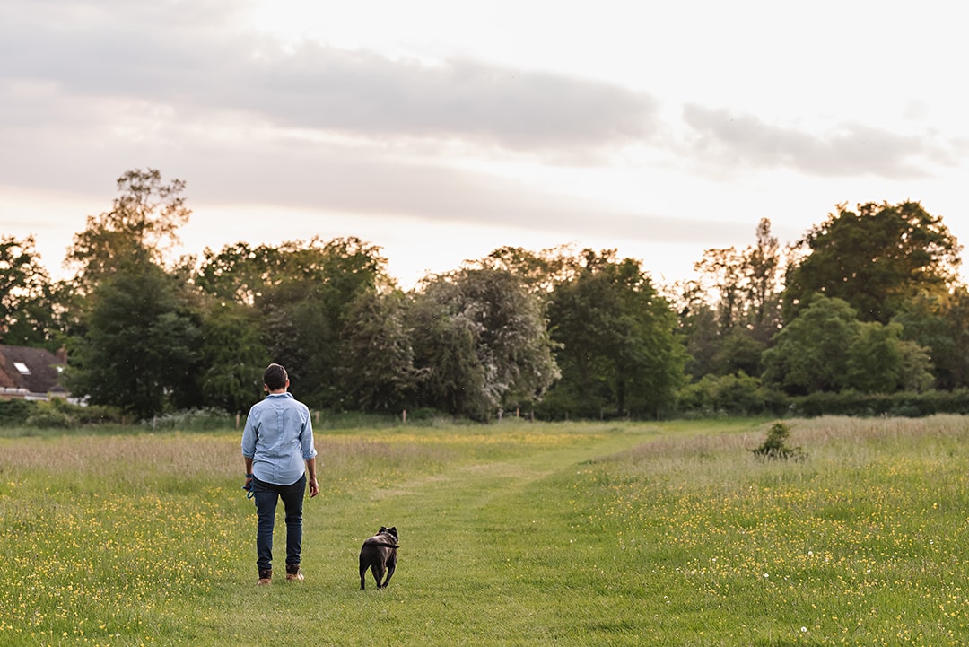 Cute photo of owner and dog walking away from camera
