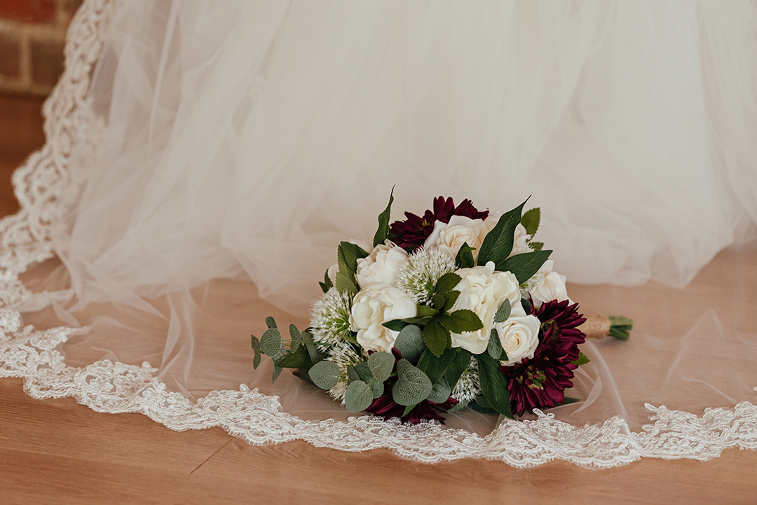 Wedding Bouquet on Wedding Veil