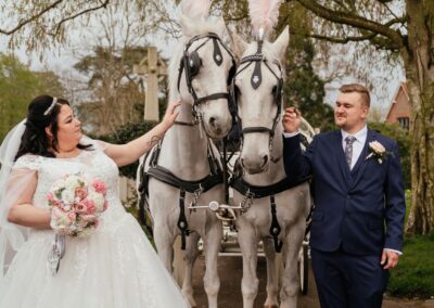 Bride and groom stroke horses from horse and carriage