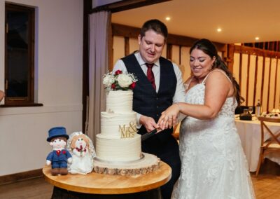 Couple smiling cut wedding cake together